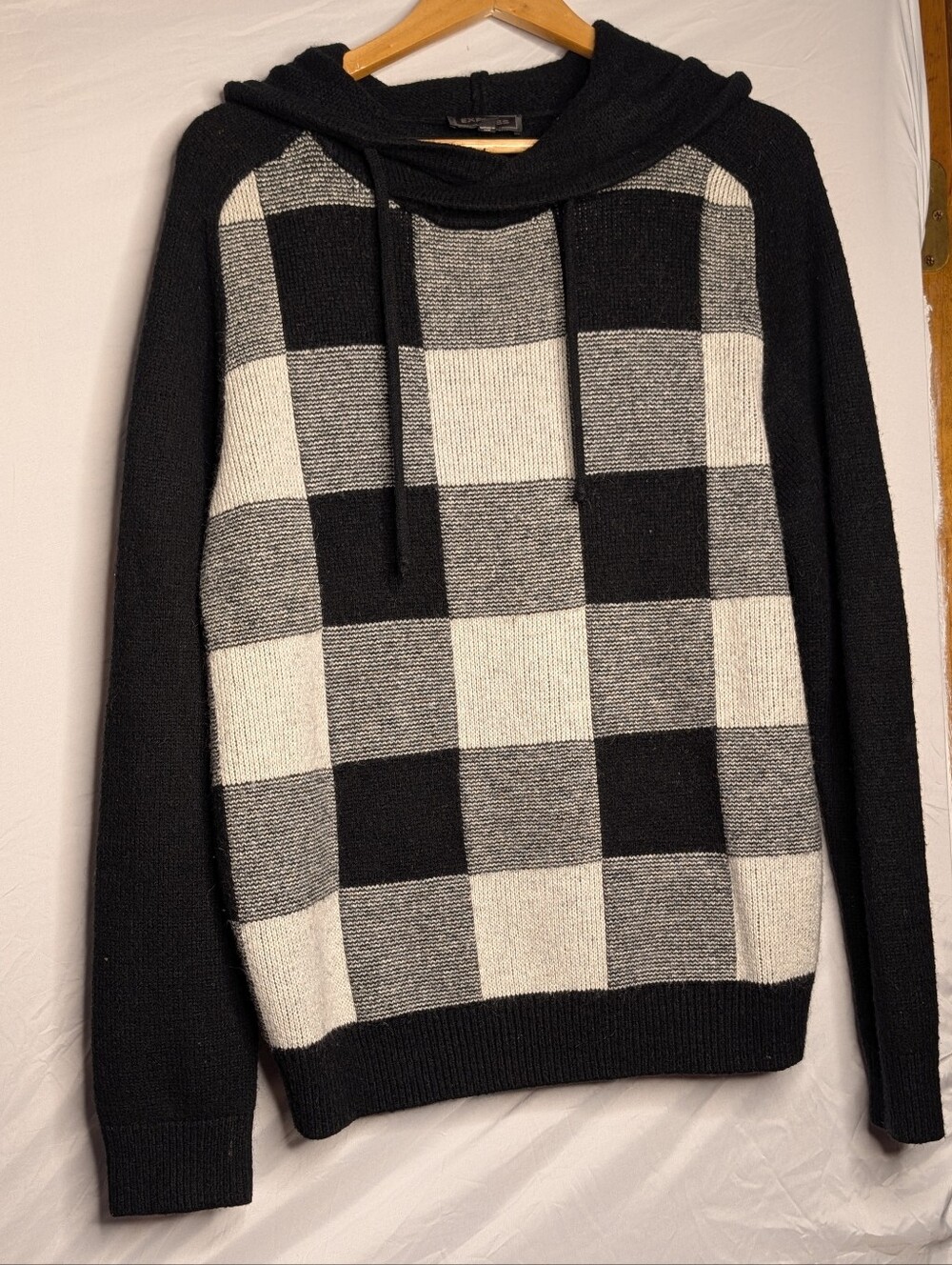 Men's Express Buffalo Plaid Hooded Knit Sweater Black Gray White XL